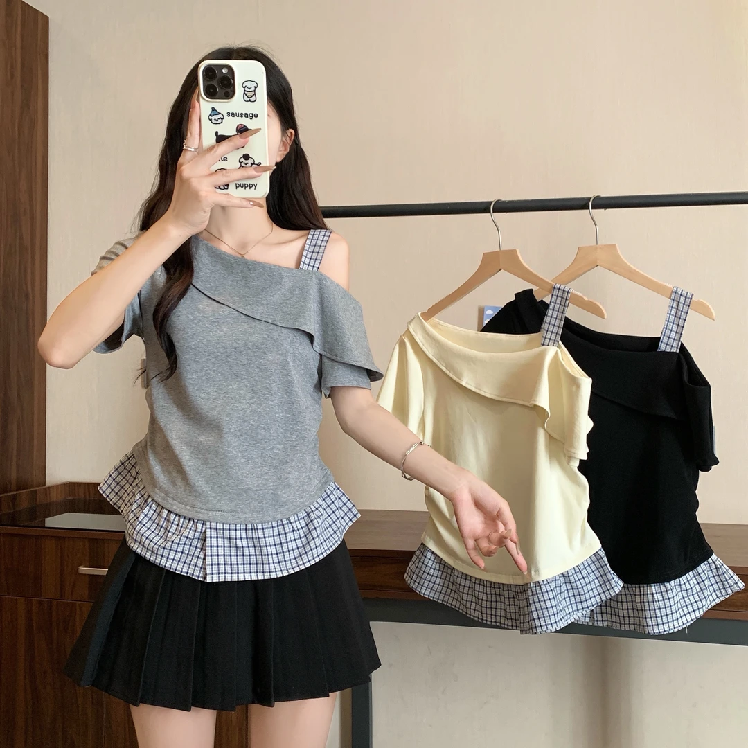 【wy】2025年大码女装新款斜肩收腰显瘦拼接短袖T恤上衣3210