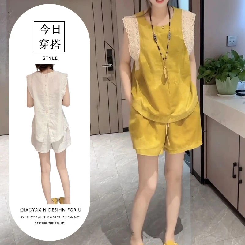 夏季新款薄款蕾丝时尚套装宽松显瘦开叉洋气透气半包袖短裤两件套