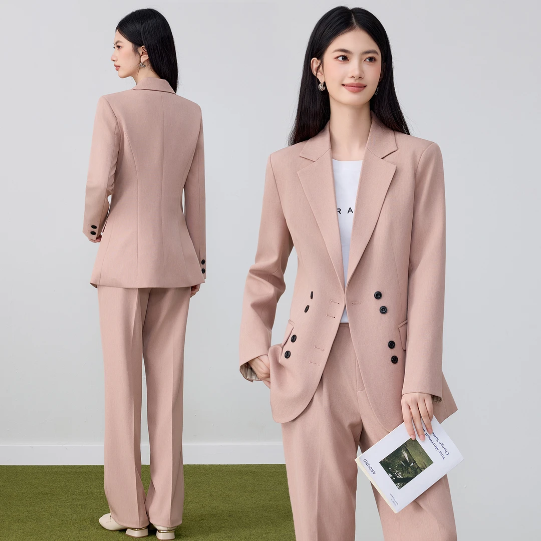 粉色西装套装女2025春秋时尚气质长袖女神范西服主持职业装阔腿裤