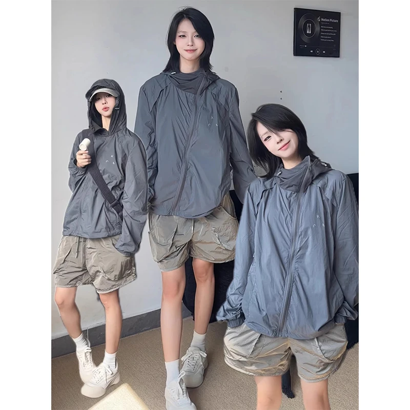 异形冰甲斜拉链冰丝防晒衣男夏季薄款软壳透气防晒服户外连帽外套