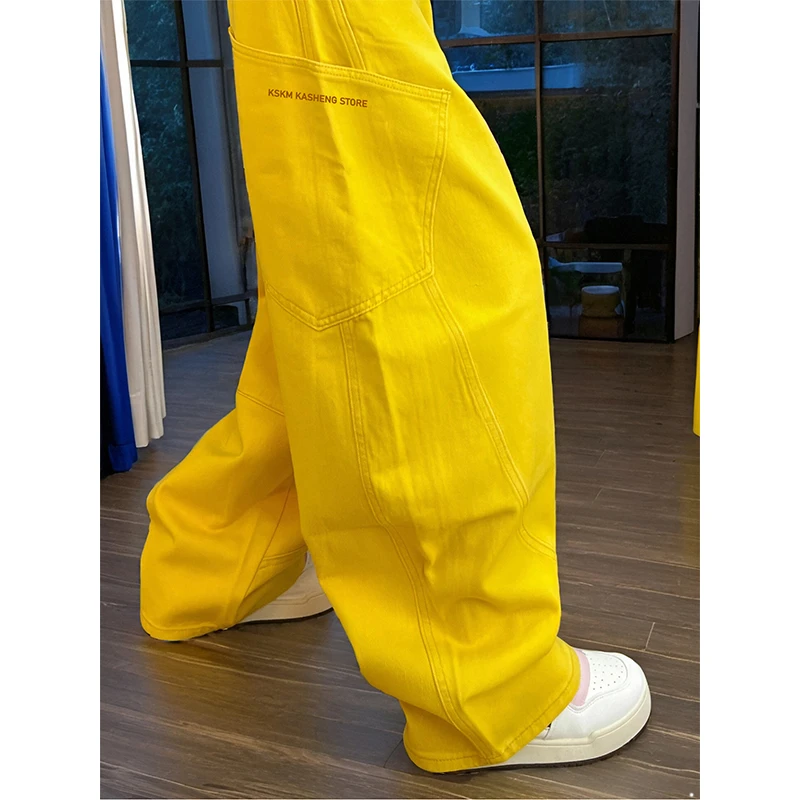 KSKM卡盛亮黄色工装裤女2025早春新款美式侧袋设计休闲百搭阔腿裤