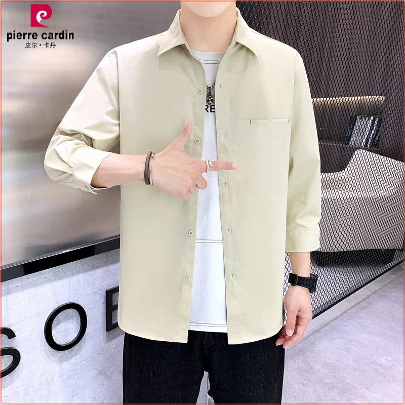 皮尔卡丹高级感纯色工装七分袖衬衫男士夏季五分中袖衬衣薄款冰丝