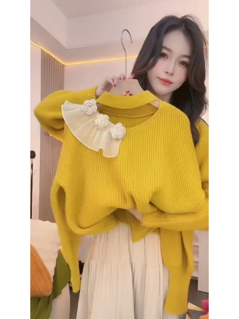 韩里韩气设计感小众上衣独特漂亮超好看软糯慵懒风黄色镂空针织衫