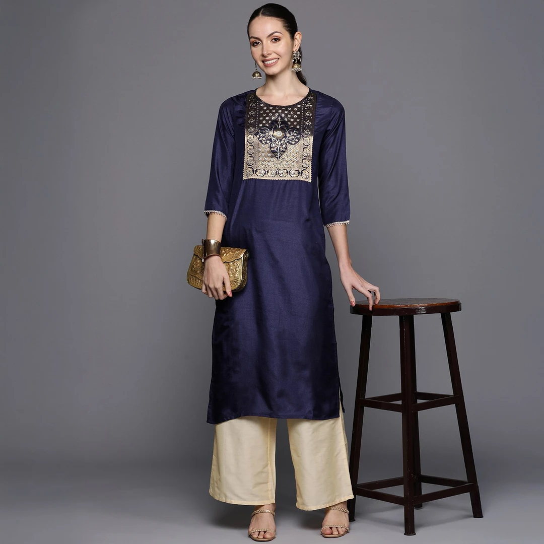 Indo印度进口女装上衣提花工艺丝混纺中长款圆领宽松薄款印巴风情