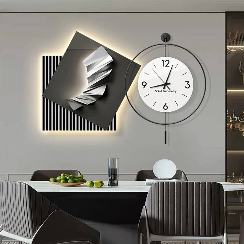 抽象艺术餐厅装饰画现代简约带钟表餐桌饭厅壁画黑白灰风格挂画