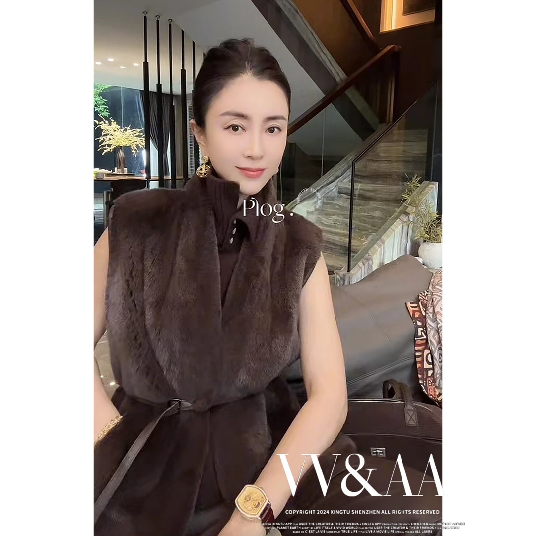 VV&AA 环保丹麦进口加厚水貂V领无袖马甲（带腰带）PC4798