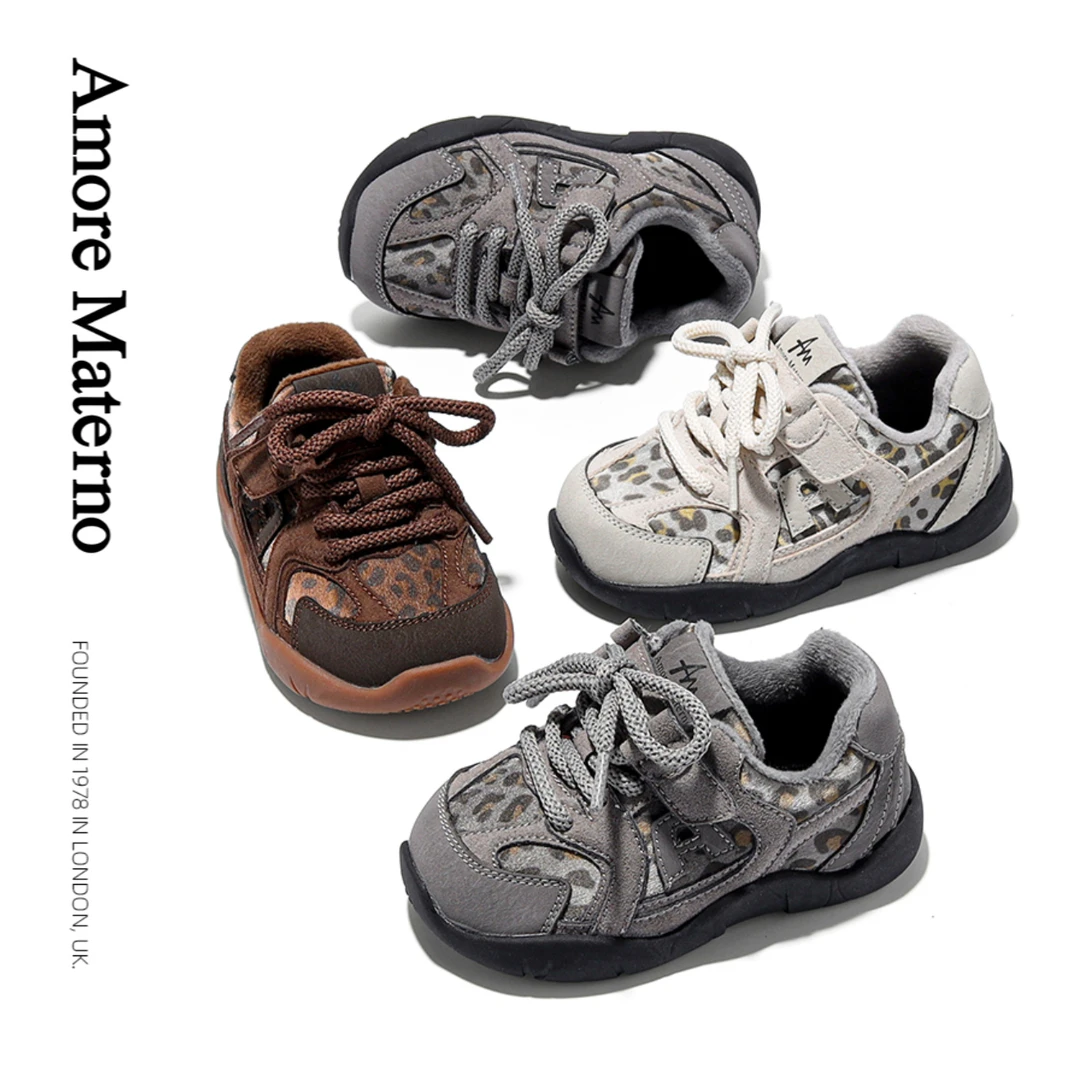 爱慕玛蒂诺AM童鞋秋冬儿童豹纹男女童加绒百搭运动机能休闲鞋