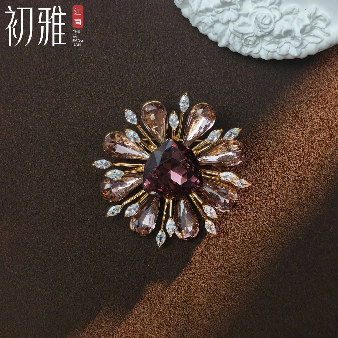 铜仿水晶胸针 初雅PIN-水晶系列【多彩花】设计师款铜镀金胸针