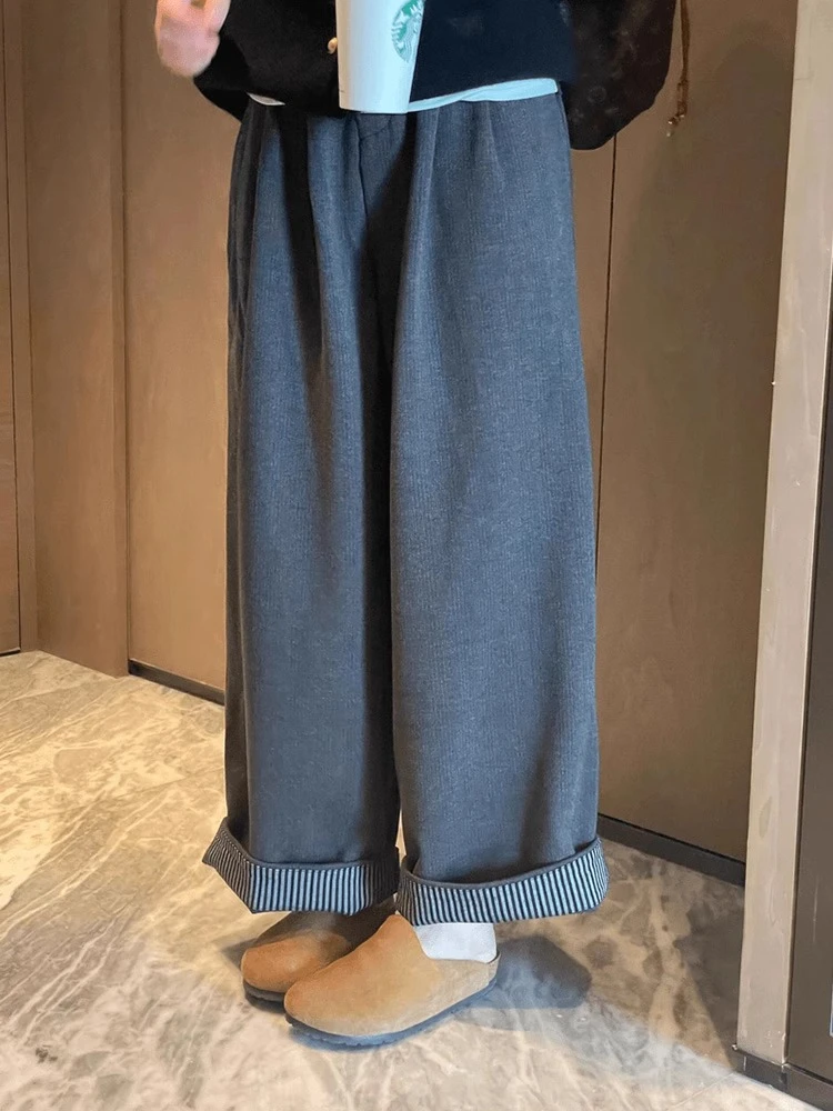 复古灰色卷边格纹高腰休闲裤女秋季新款宽松百搭显瘦直筒阔腿裤子