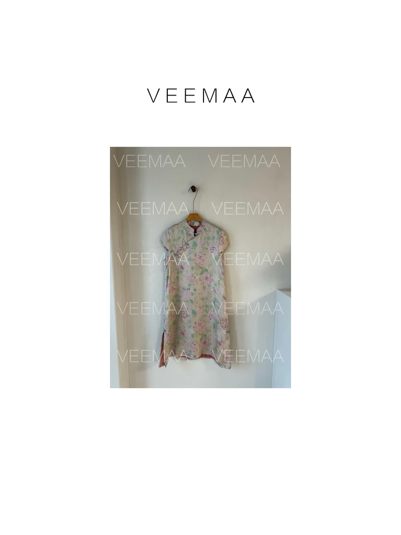 【Veemaa】冷清舟 定制款新中式柔粉色盘扣旗袍裙 裙长108cm