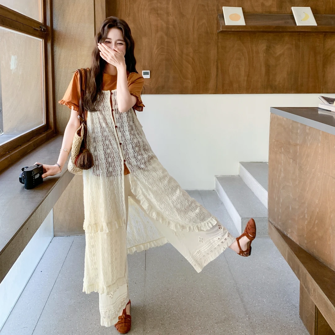 不规则蕾丝吊带连衣裙木耳边上衣阔腿裤三件套女夏季绝美韩系套装