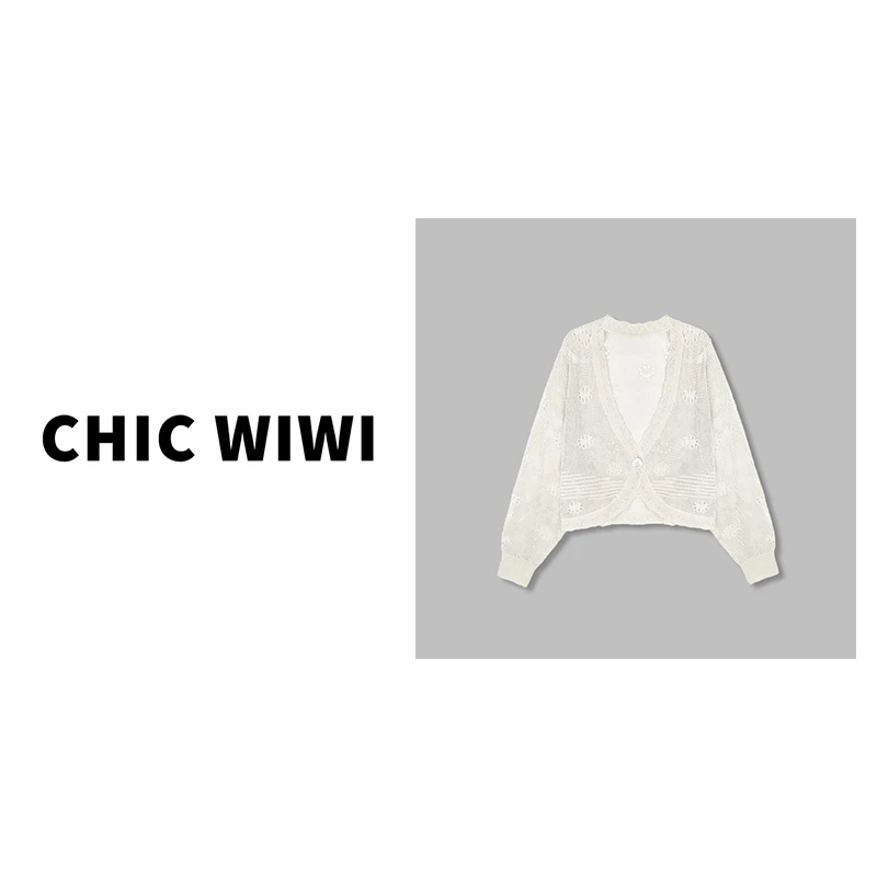 CHIC WIWI 暗纹镂空勾花防晒天丝亚麻提花镂空一粒扣开衫ZY034274