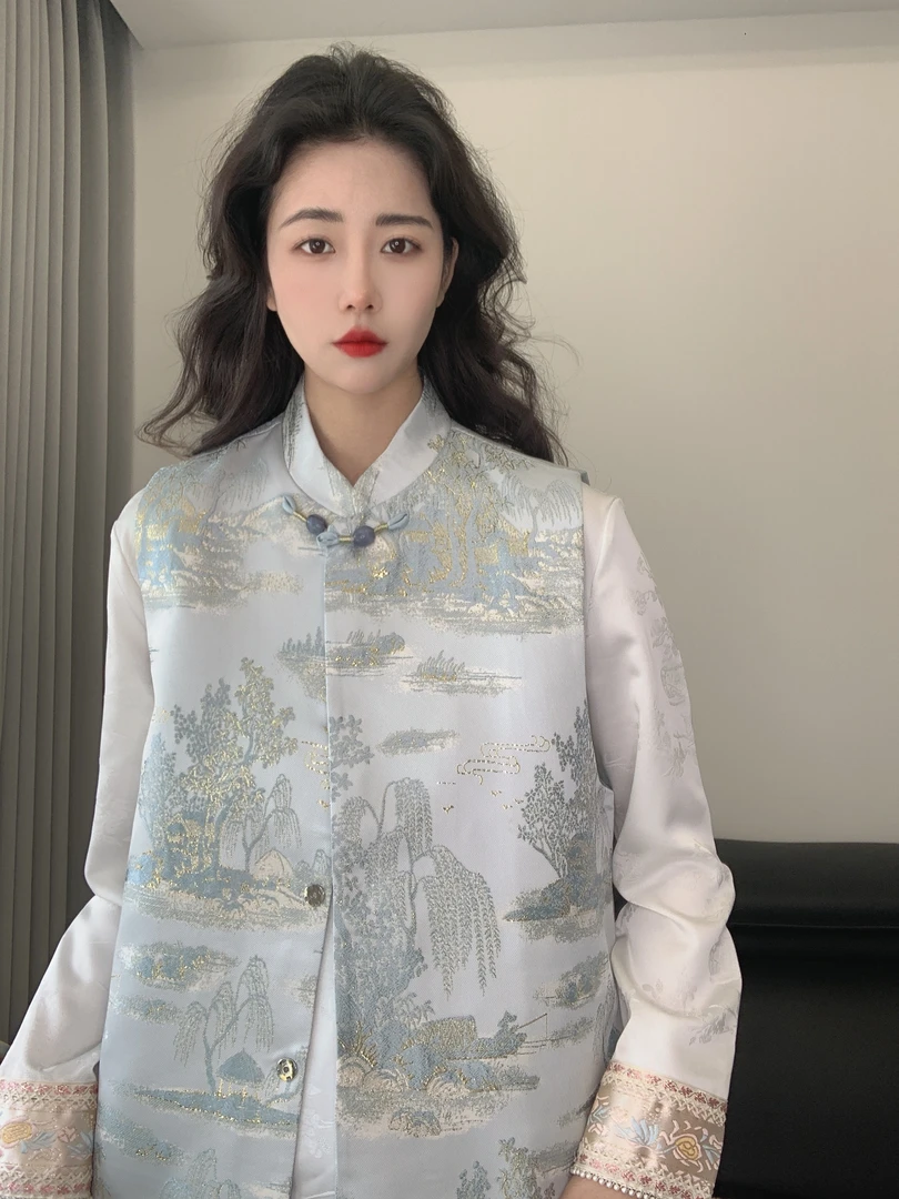 九月  蓝山水马甲  新款新中式显瘦国风手工中式复古汉服马甲