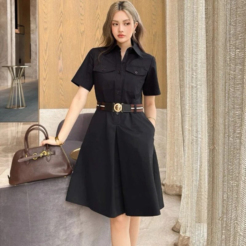 KUNGE-2025新款夏季翻领设计纯色连衣裙收腰显瘦5662