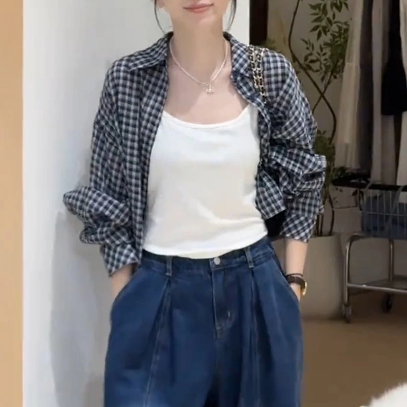 韩系复古休闲时尚短款衬衫女春秋新款格子长袖防晒薄款洋气衣服女
