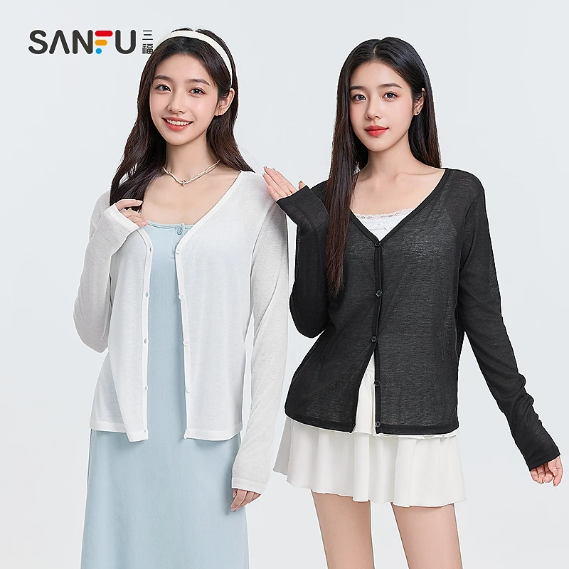 三福开衫2025夏季门襟排扣披肩宽松休闲圆领上衣女装497587
