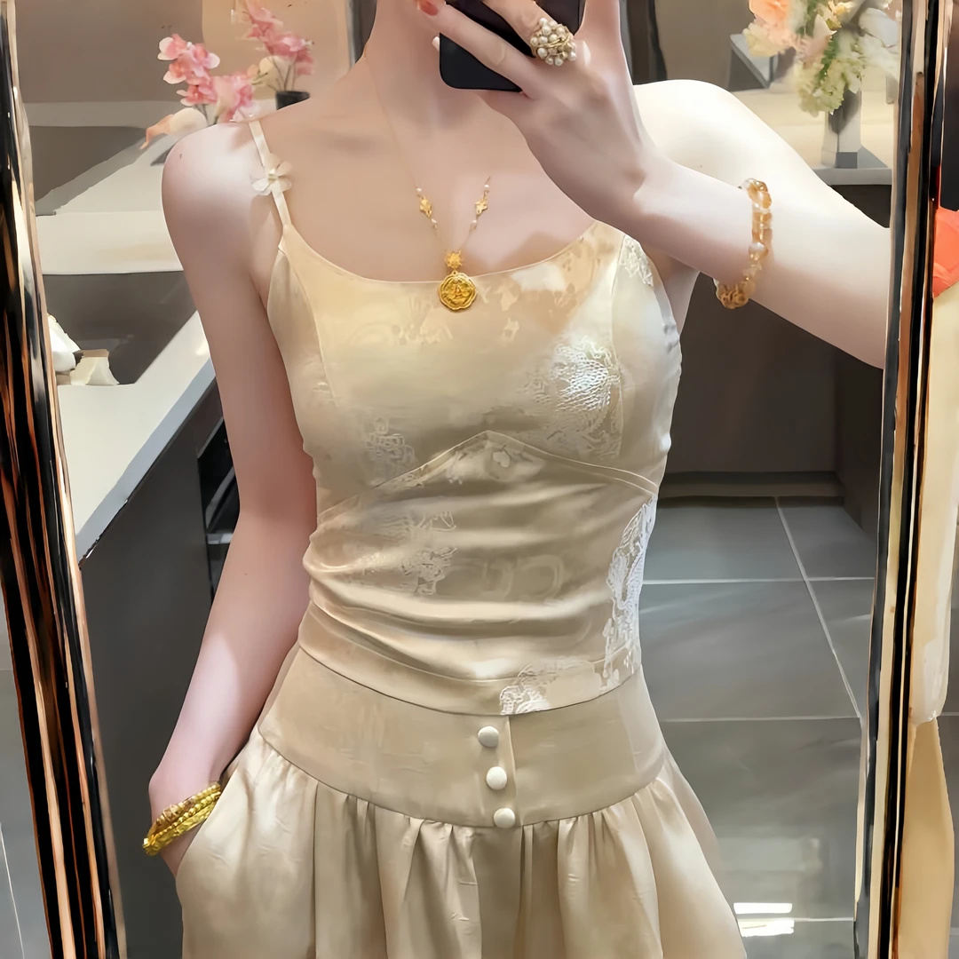 新中式提花醋酸缎面吊带背心女夏季新款抹胸美背外穿内搭短款上衣