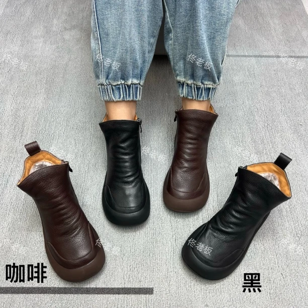 771631 纯皮加绒侧拉链厚底棉里保暖舒适百搭手工复古休闲短靴