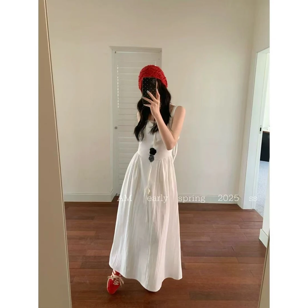 129-极简手工绣花衬衣背心裙连衣裙(配领花)