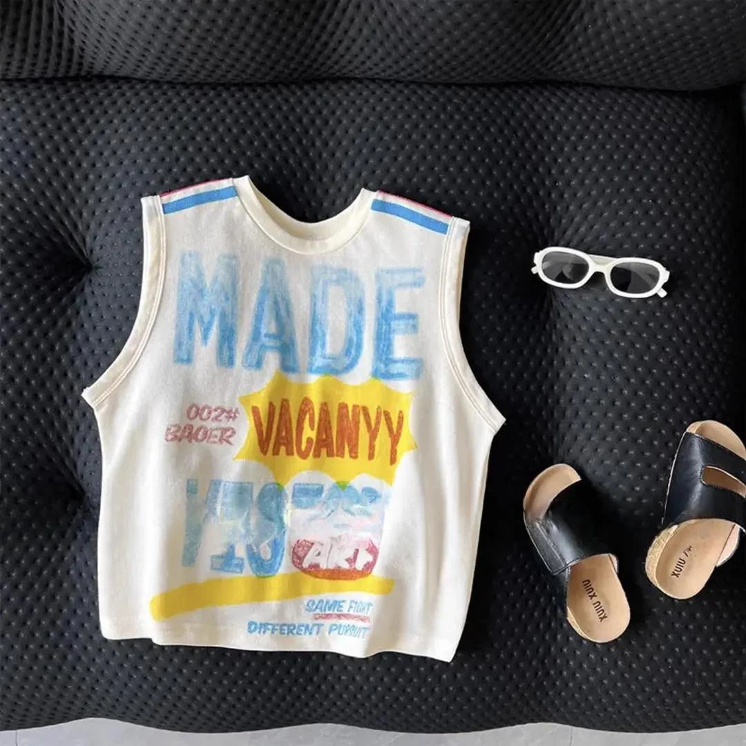 新款男童夏季潮牌2025儿童冰感棉痞帅洋气涂鸦设计款无袖背心宽松