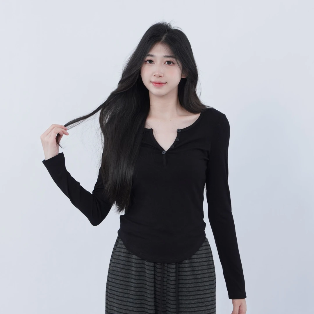 三福长T恤初秋薄款V领纽扣纯欲风时尚内搭女打底衫上衣女510800