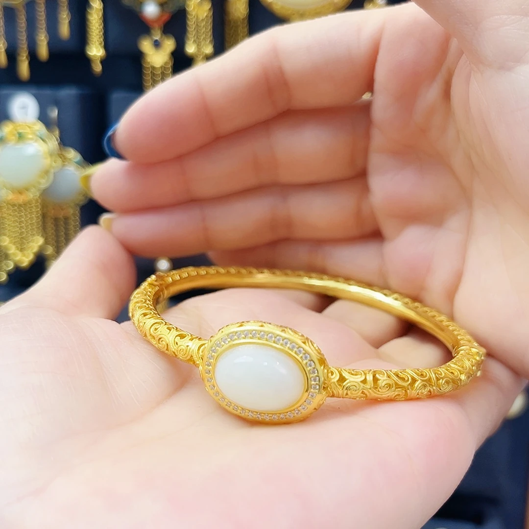 和田玉银S925镀金镶嵌手镯