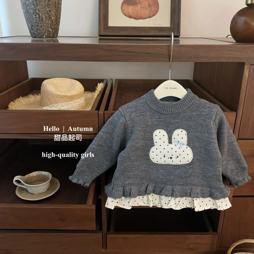 【甜品起司】贼乖！韩系女宝宝冬装可爱兔子波点针织加厚加绒毛衣