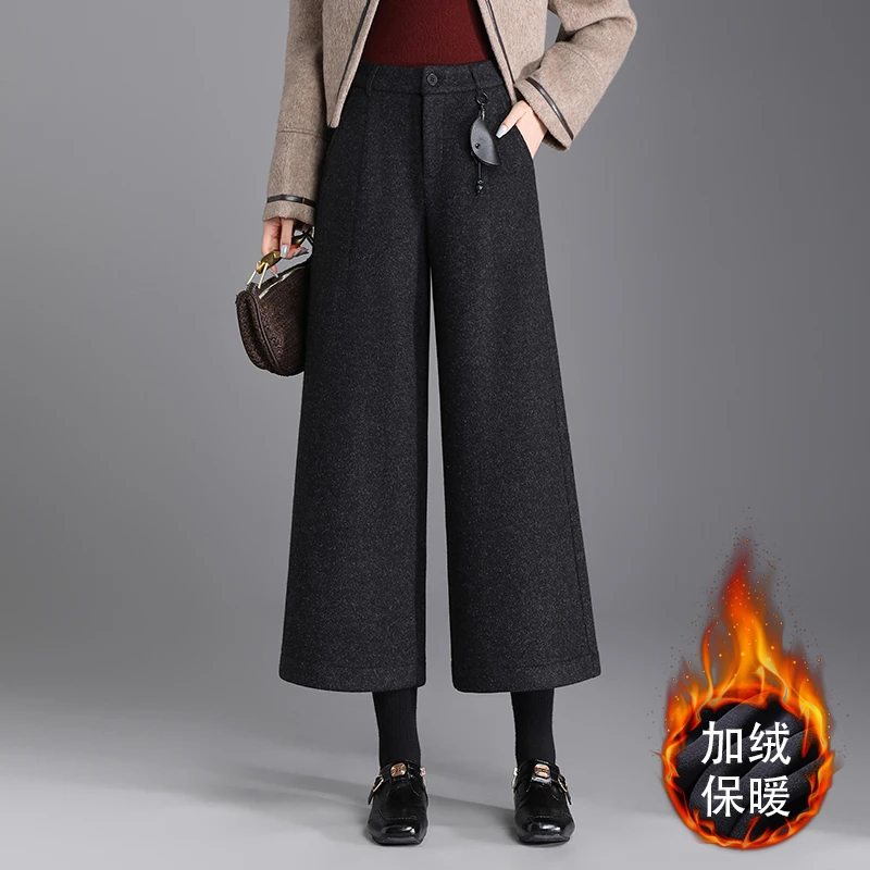 毛呢九分阔腿裤女冬季加绒加厚休闲裤子2025新款高腰宽松显瘦百搭