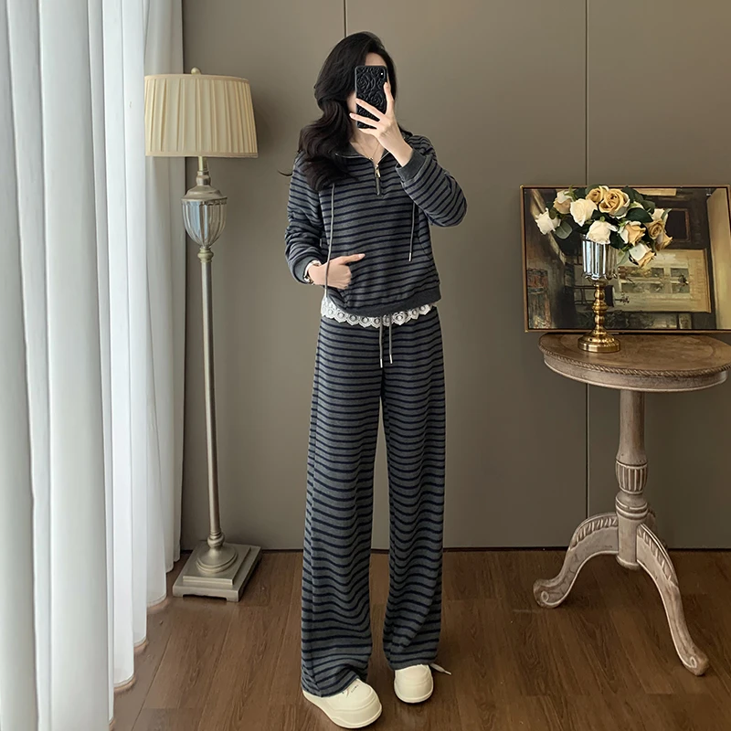 设计感休闲慵懒风显瘦套装早秋新款连帽外套蕾丝拼接阔腿裤两件套