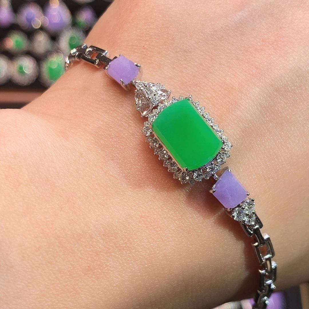 翡翠18K金镶嵌手链满绿厚庄无事牌手链