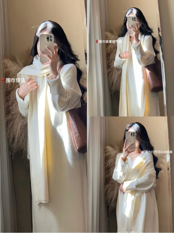 【ROUROU】云朵抱抱｜温柔风甜美针织连衣裙+围巾两件套套装Ro-2638