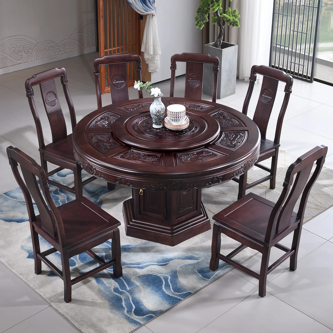 餐桌椅组合红木家具餐桌圆形新中式雕花古典家用饭桌带转盘
