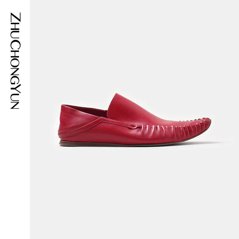 ZHUCHONGYUN2025春红色尖头轻便平底牛皮革女鞋子C2FZ14124