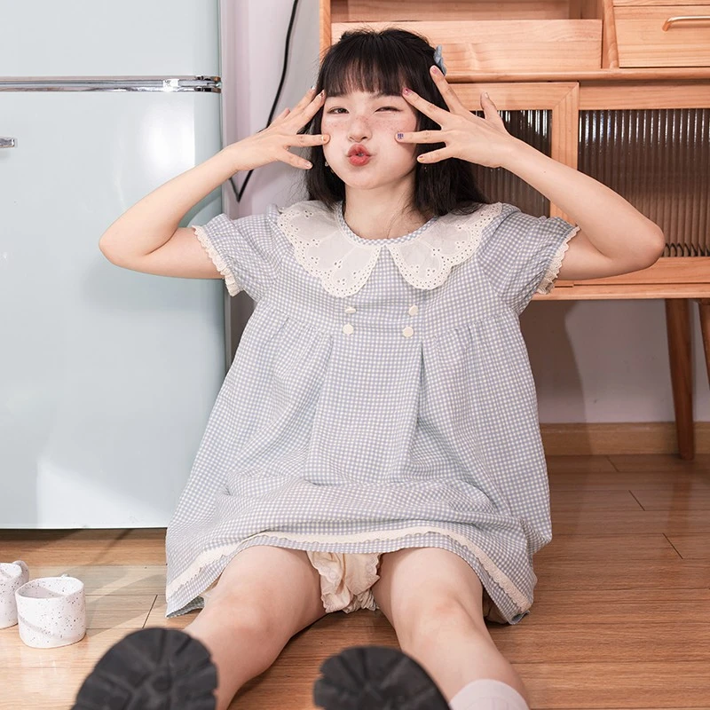 PINKDOG可爱甜美娃娃领蓝格连衣裙女小个子日系宽松短袖公主裙夏