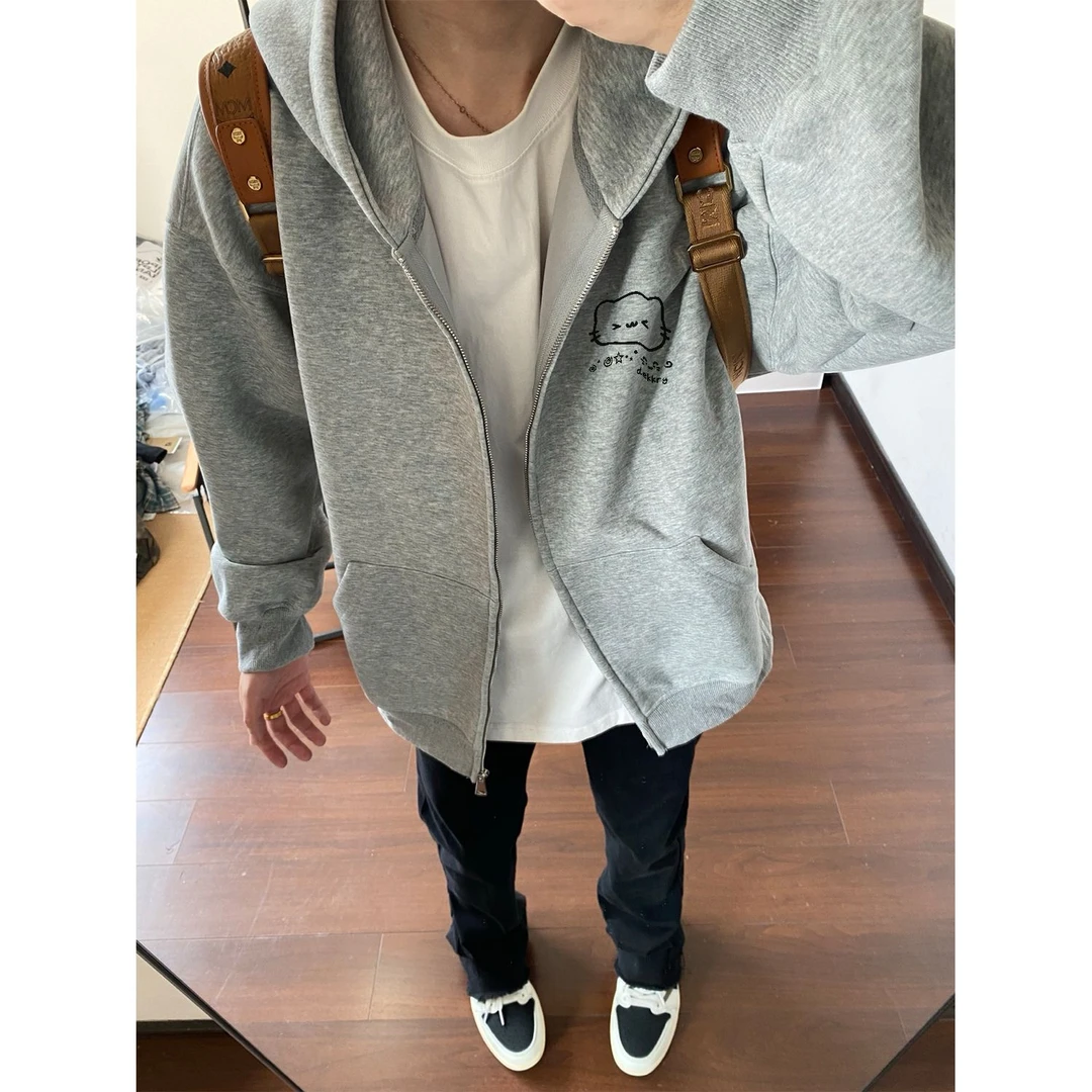 美式设计感字母印花开衫连帽卫衣男女简笔秋冬季猫咪拉链宽松外套
