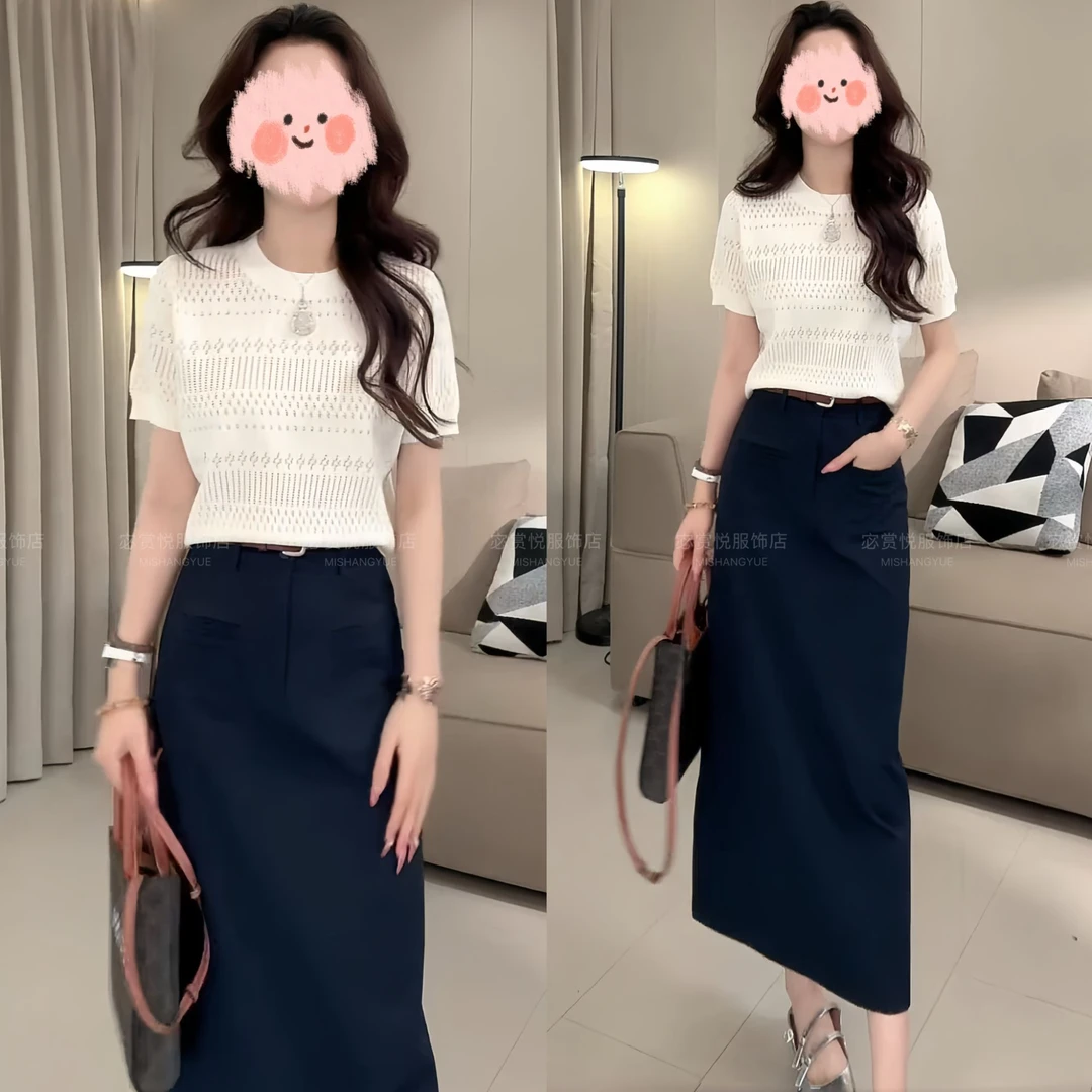 洋气休闲装2025夏季镂空针织短袖上衣修身百搭半身裙显瘦气质套装