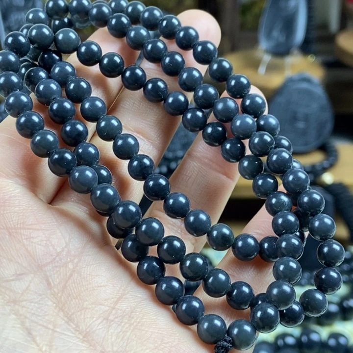 和田玉（墨玉）未镶嵌项链卡6圆珠灰调108颗