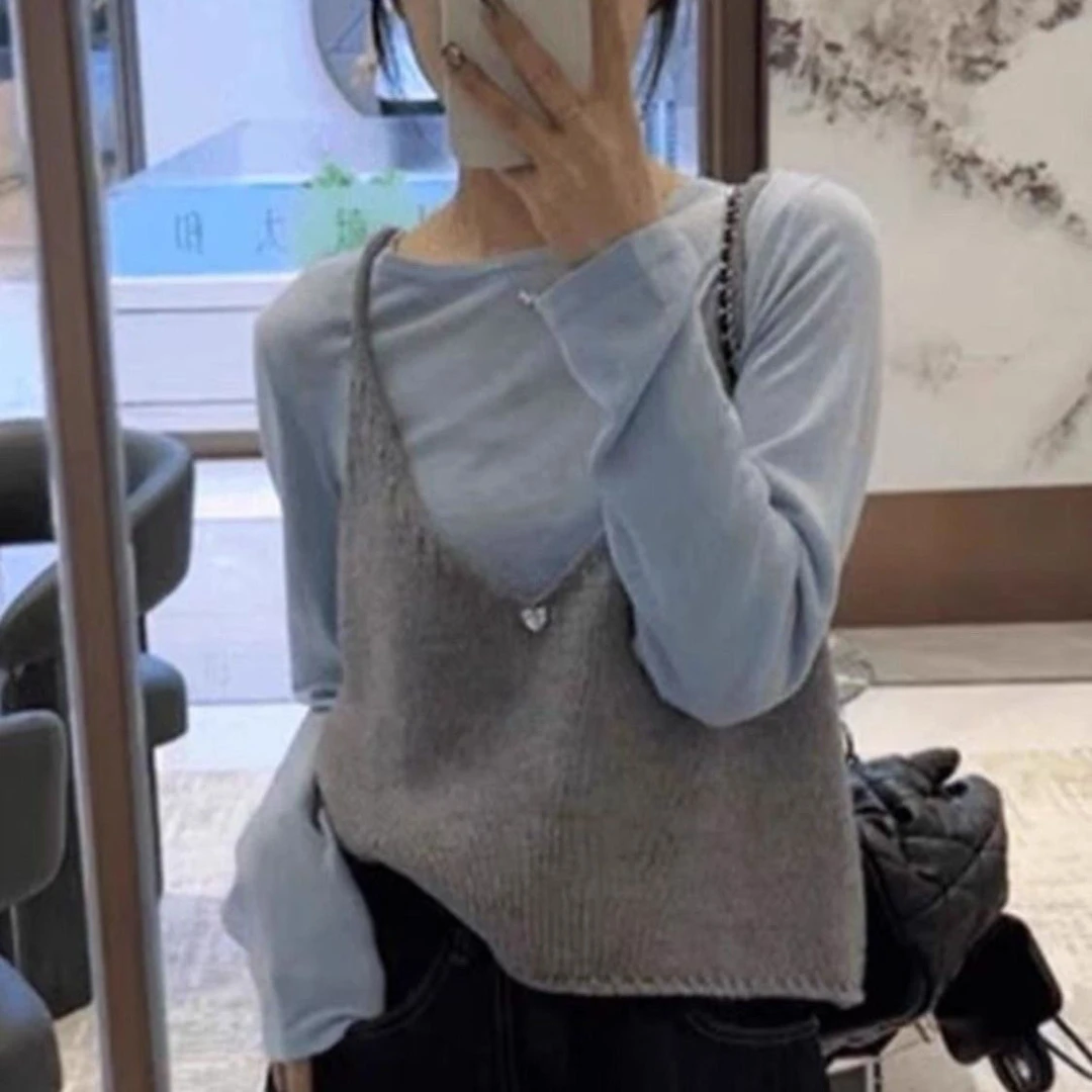 宽松型长袖套头款女毛针织衫休闲韩版洋气针织衫两件套气质百搭