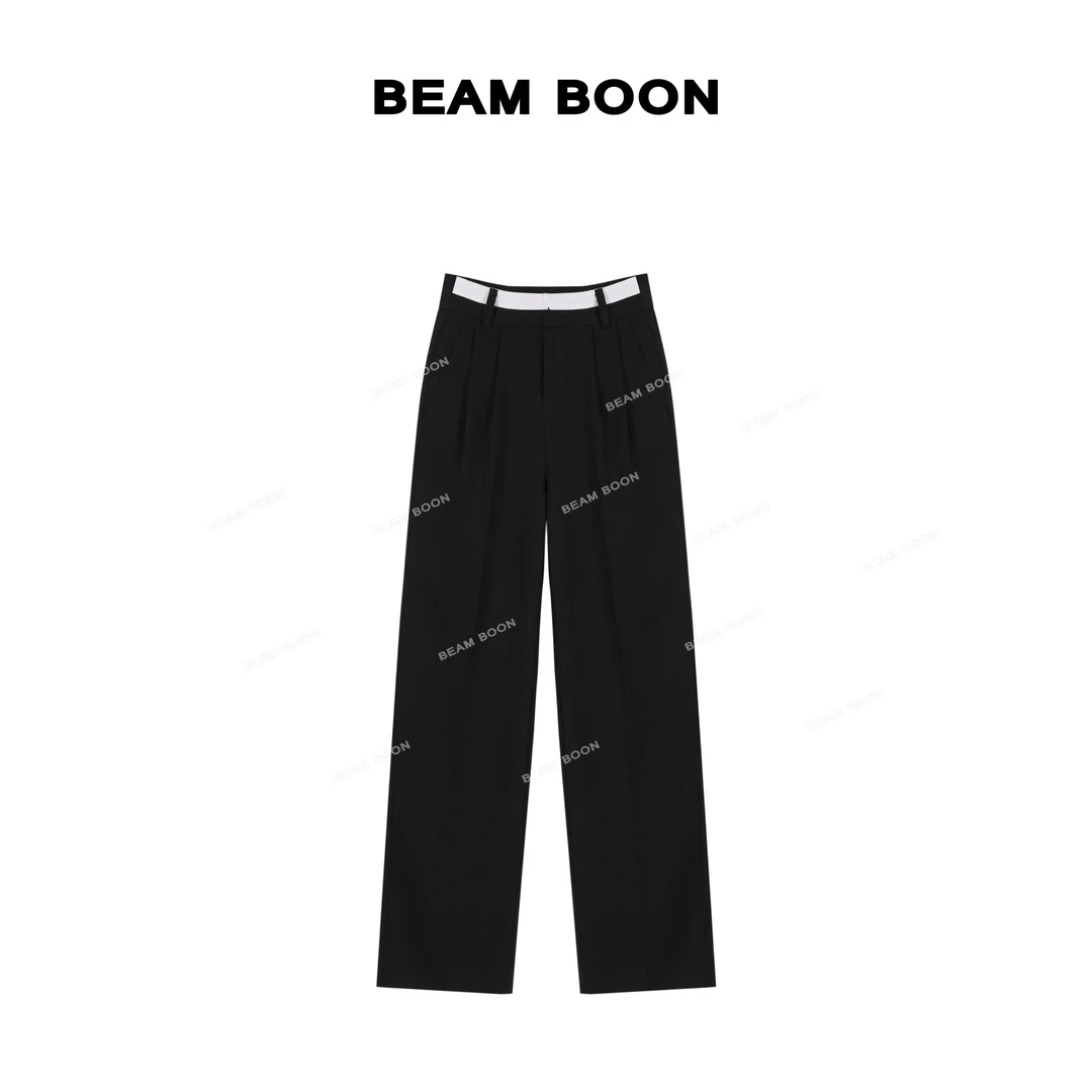 Beam Boon【纸片裤】Co*ch巨显瘦四面弹垂感挺括撞色双褶直筒阔腿裤