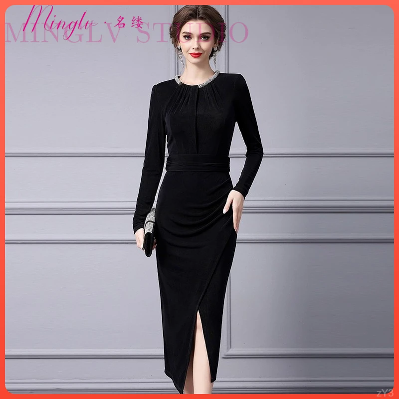 名缕轻奢品牌黑色优雅针织连衣裙秋季镶钻女人味气质裙子长款女装