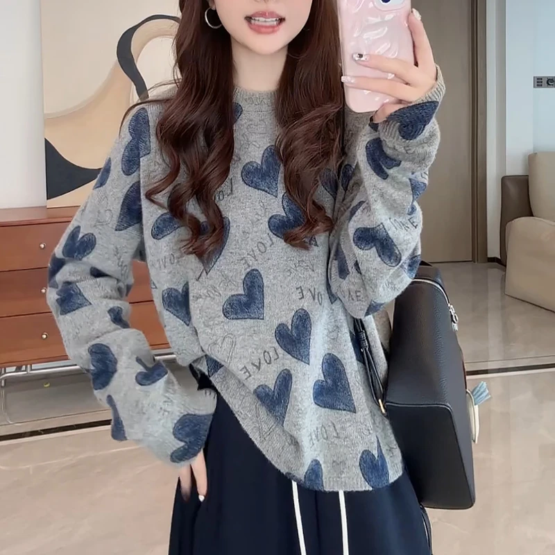 慵懒风气质宽松氛围感针织衫女早秋装设计感减龄套头爱心字母毛衣