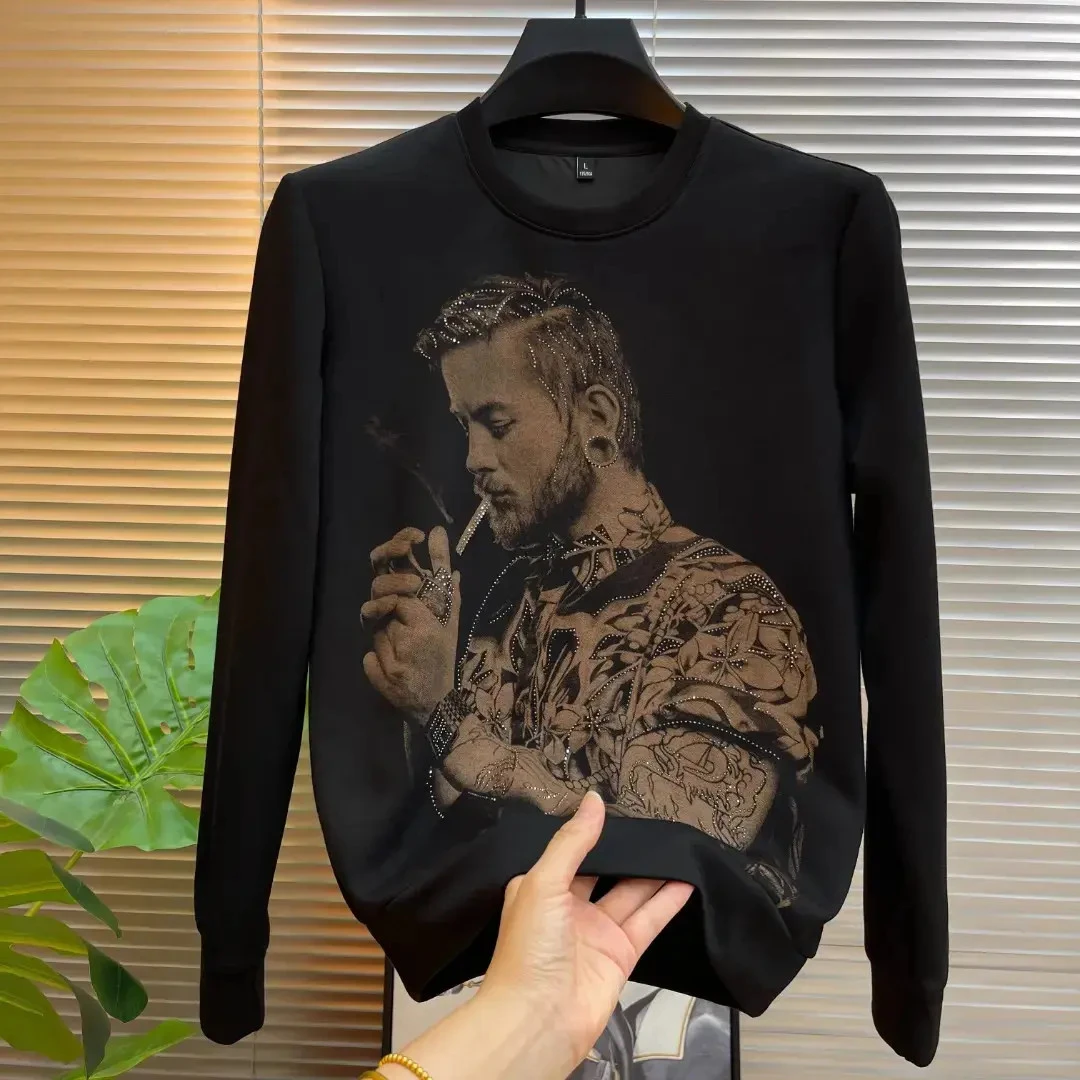 2025秋季3D印花男士休闲卫衣轻奢百搭圆领潮流高品质烫钻长袖T恤
