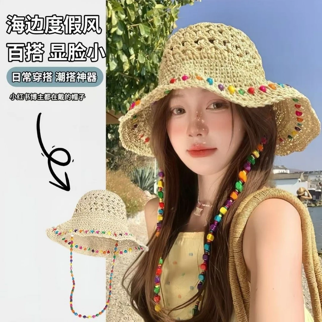 田园风花朵编织草帽女夏季沙滩海边度假渔夫防晒帽大檐遮太阳帽子
