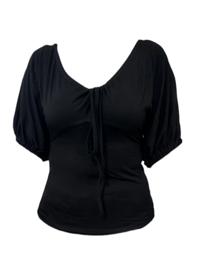 【Amy家】松弛感v领褶皱短袖T恤女夏季设计感绑带显瘦遮肉辣妹上衣