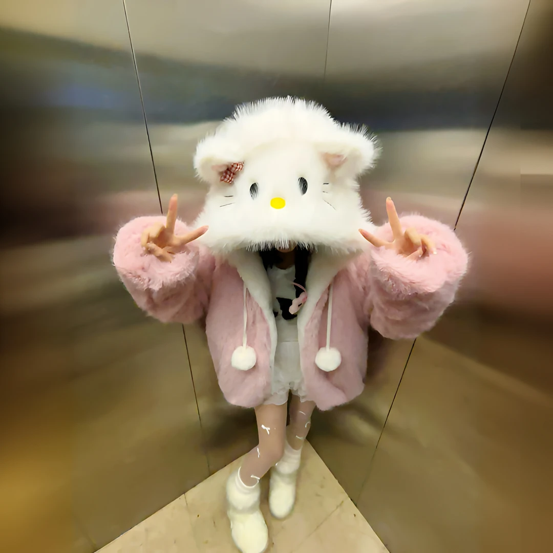 季渲冬季毛毛衣外套儿童毛茸茸新款连帽卡通风外套公主风可爱KT猫