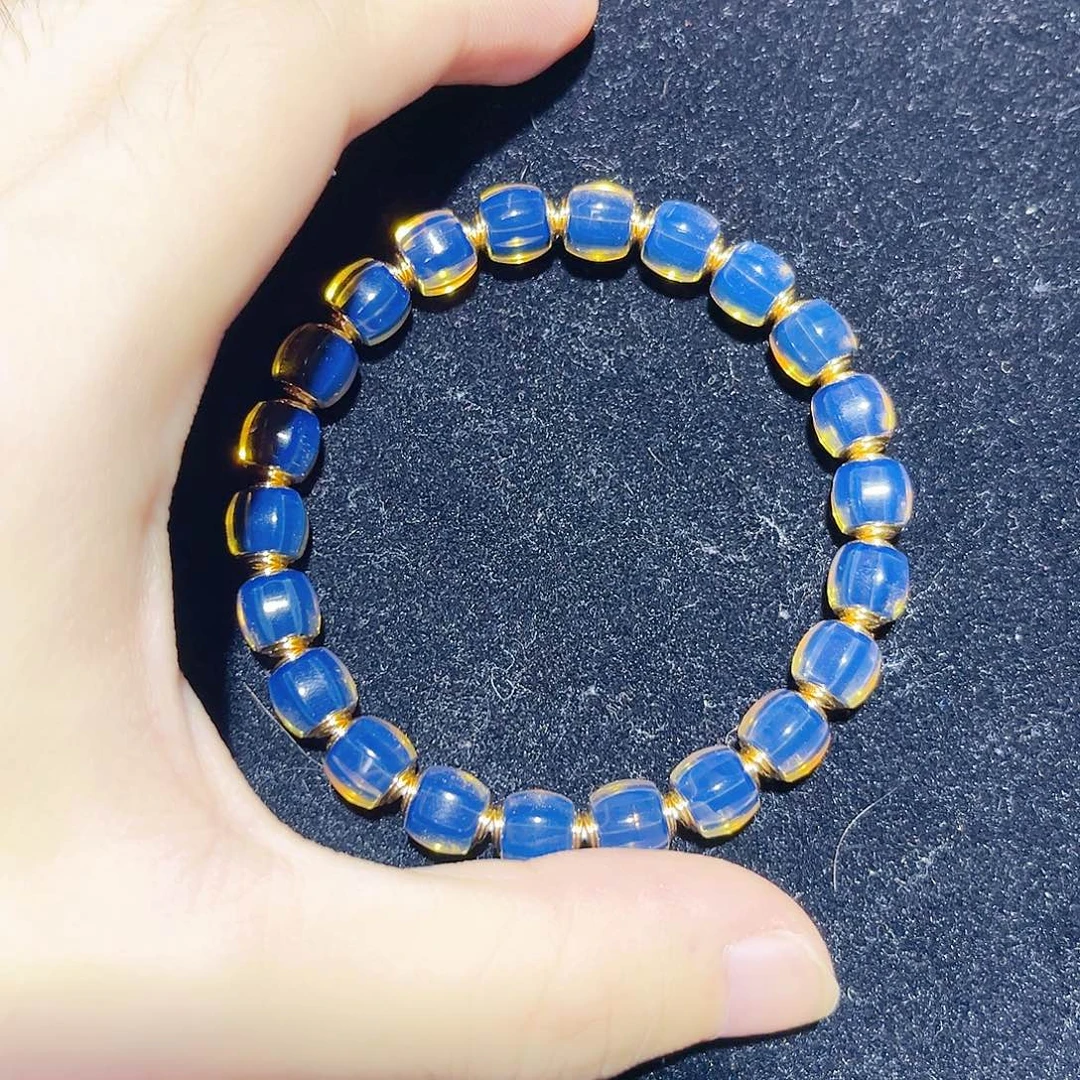 蓝珀银S925镀金镶嵌珠宝奇石8mm墨西哥