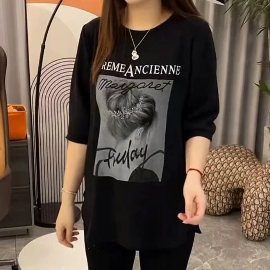 2025春夏新款时尚多色韩版女中袖T恤上衣宽松黑色夏季