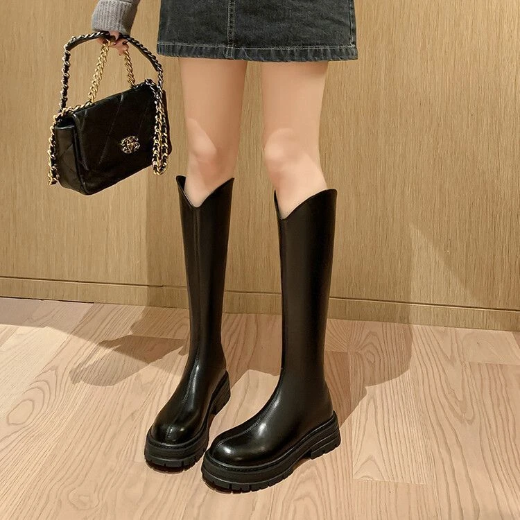 V口拉链长筒靴女黑色长靴不过膝靴厚底高筒靴骑士靴子马丁靴皮靴