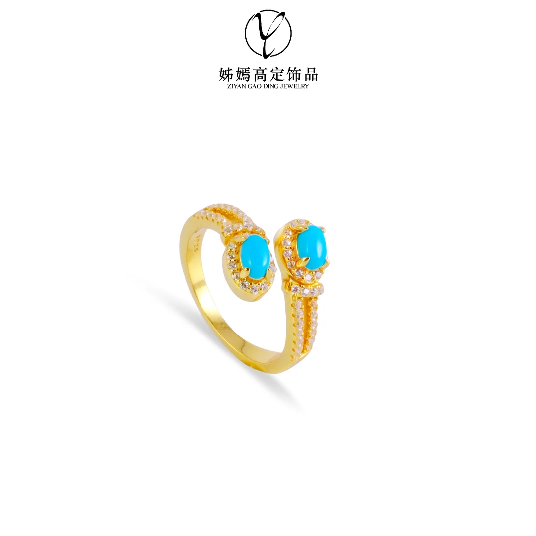 925银戒指 925银戒指 双蛋面睡美人金色拉丝设计独特戒指