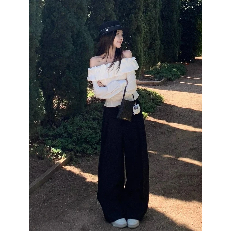 网红气质白色一字肩衬衫套装女2025新款春秋休闲时尚阔腿裤两件套